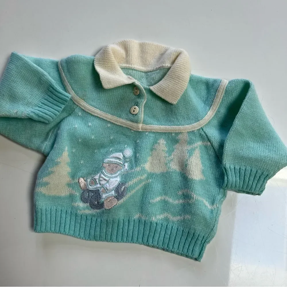 Rad Vintage 1980s Retro Swiss Teddy Bear Sled Apres Ski Twofer Collared Sweater